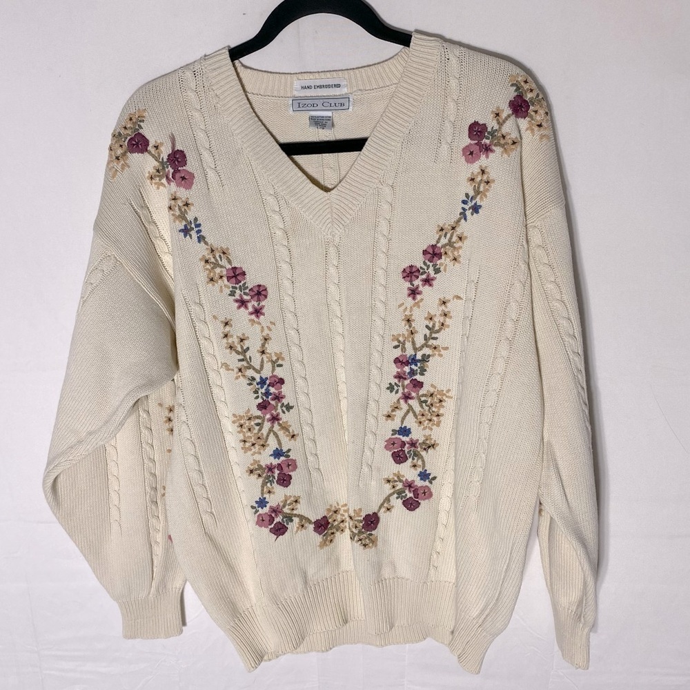 Vintage Izod Club Cream Cotton Hand Embroidered V Neck Sweater L Cottagecore